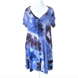 Beering Tie Dye Midi Casual Short Sleeve Dress w Pockets Blue Large